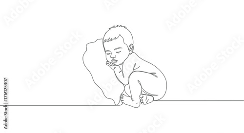 Simple line drawing of a sleeping baby nestled on a pillow, capturing a moment of pure tranquility and innocence