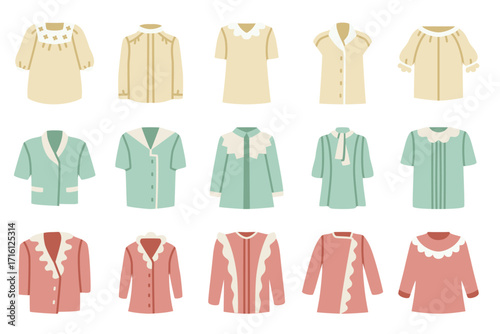 Flat-style illustrations of tops with various neckline styles, available in three color schemes.
