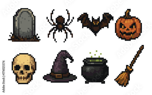 Pixel art halloween icons: tombstone, spider, bat, pumpkin, skull, witch hat, cauldron, broom