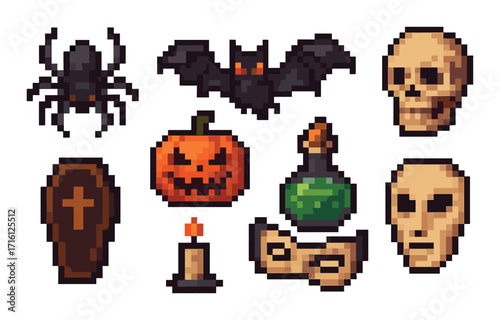 Pixel art halloween icons: pumpkin, skull, spider, bat, and more
