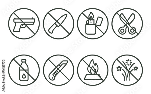Prohibited items signs: no weapons, flames, or hazardous materials allowed
