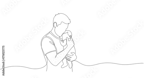 Continuous line art of a tender moment between a father and his newborn, illustrating the strong paternal bond, love, and the joy of new life. Minimalist family concept