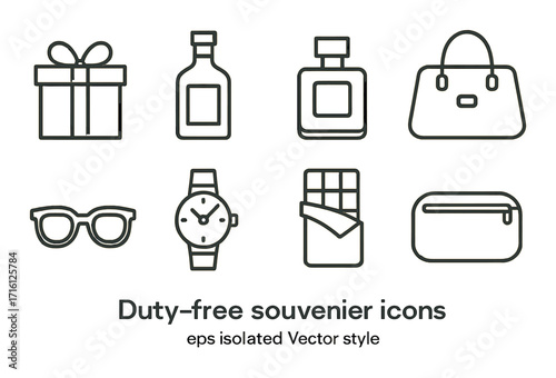 Duty-free souvenir icons set: gifts, perfume, fashion, accessories