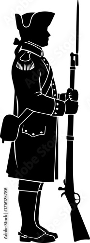 American Revolutionary War soldier silhouette standing guard with rifle in black and white