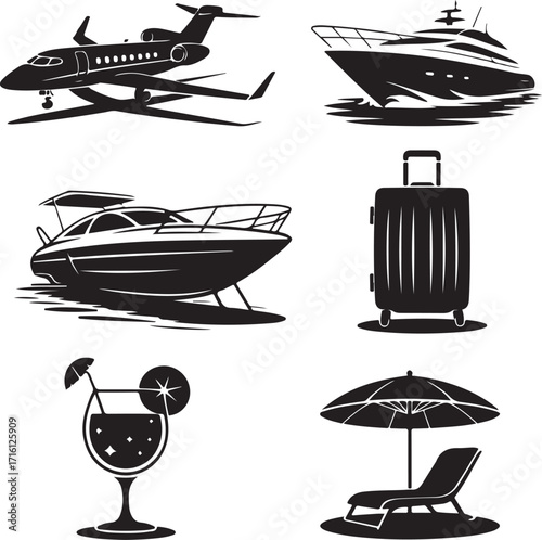 Luxury travel icons jet yacht suitcase drink beach relax