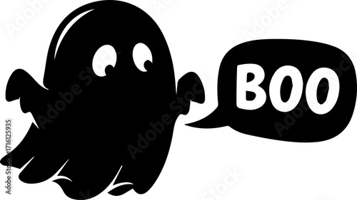 Spooky ghost with BOO speech bubble for Halloween designs and party invitations, fun vector art