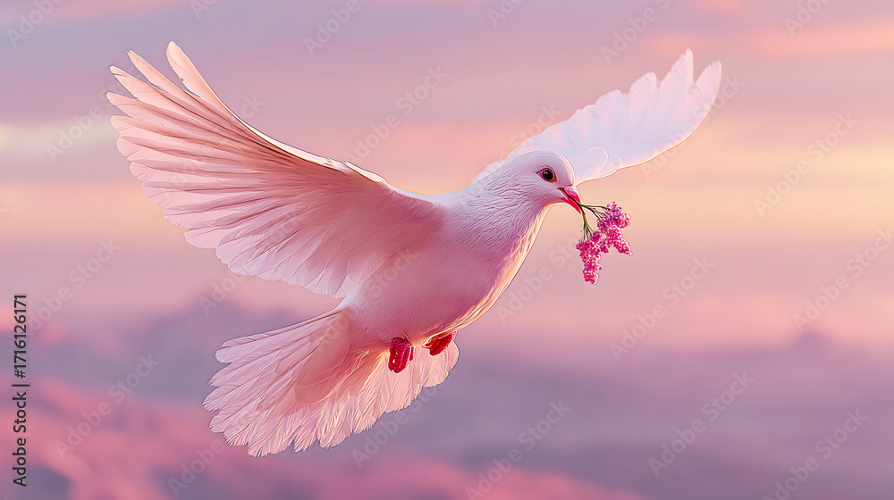 Fototapeta premium White Dove Flying With Flower Branch In Gradient Sky, Conveying Peace And Hope