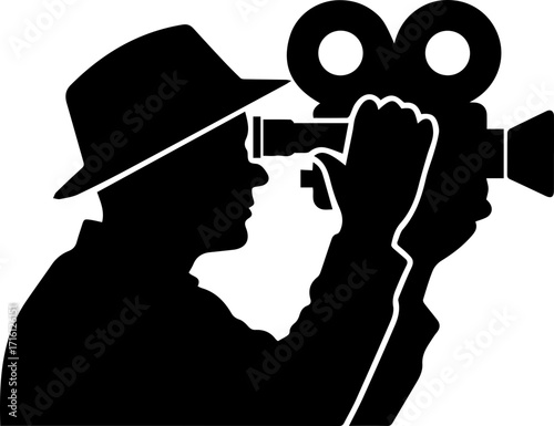 Classic film director passionately filming with vintage camera in black and white silhouette style