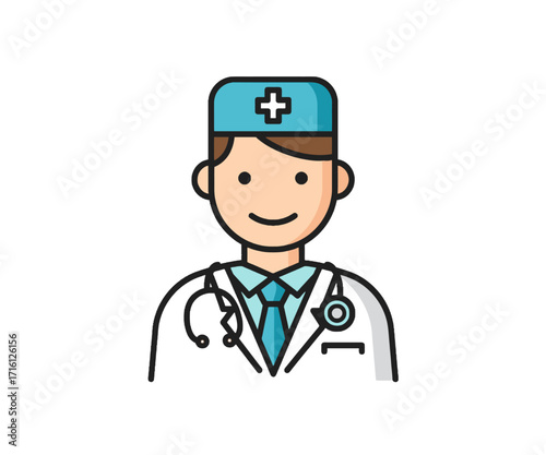 Smiling doctor icon, wearing a white coat, stethoscope, and a light teal cap with a cross.