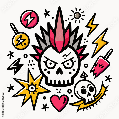 Punk rock skull with mohawk and lightning bolts illustration