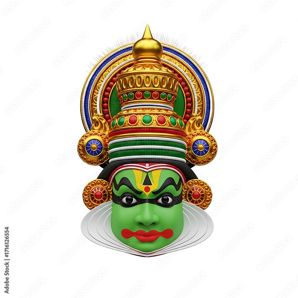 Fototapeta premium Vibrant 3D Render of Traditional Indian Kathakali Mask with Elaborate Headgear on Black Background