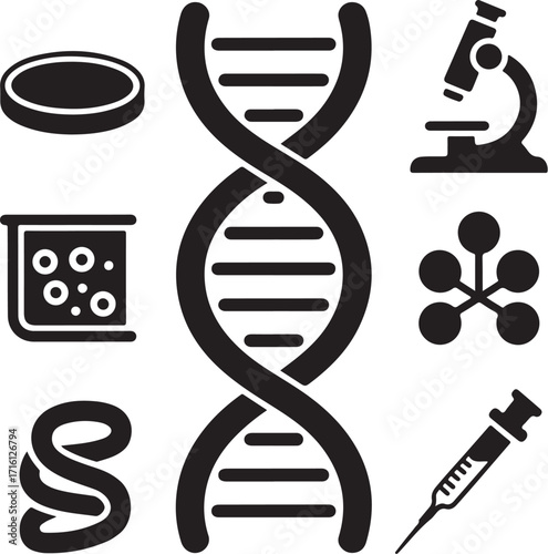 Science icons DNA microscope lab cell molecule syringe