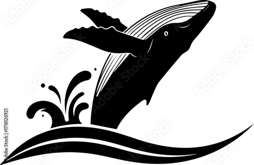 Majestic humpback whale breaching ocean surface in dynamic splash, powerful marine animal icon
