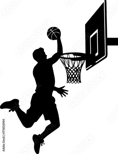 Dynamic basketball player silhouette soaring for slam dunk action shot, ultimate sports power