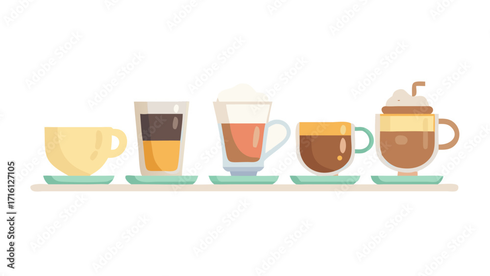 Obraz premium Coffee set. Different types of coffee drinks for cafe and restaurant menu. Coffee cups of espresso, americano, mocha, latte and more.Types of coffee vector illustration. Infographic of coffee types a 