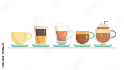 Coffee set. Different types of coffee drinks for cafe and restaurant menu. Coffee cups of espresso, americano, mocha, latte and more.Types of coffee vector illustration. Infographic of coffee types a
