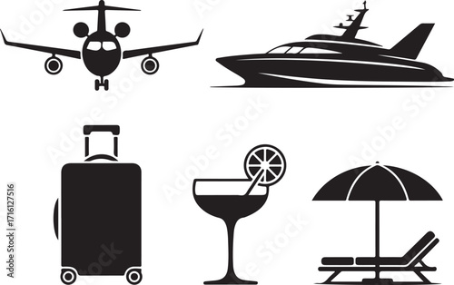 Travel luxury icons jet boat luggage drink beach relax vacation