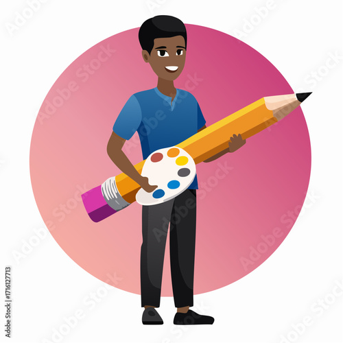 Illustration of a man holding a large pencil and paint palette.