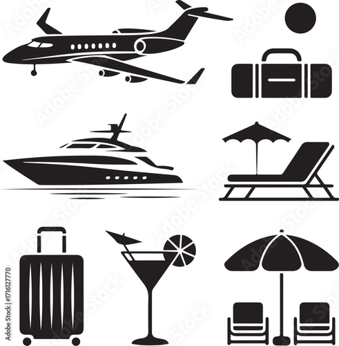 Luxury travel icons: jet, yacht, beach, suitcase, cocktail