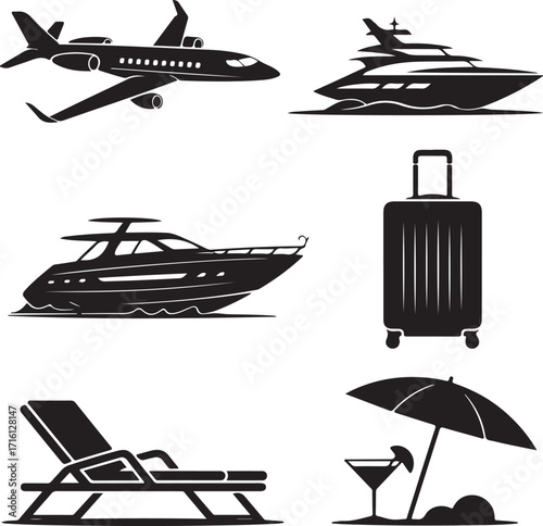 Luxury travel icons jet yacht suitcase beach chair cocktail
