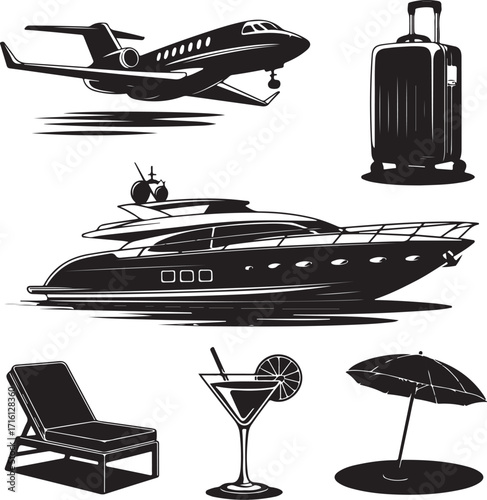 Luxury travel jet, yacht, beach, cocktail, luggage icons