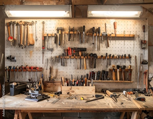 Workshop tools on a pegboard wall