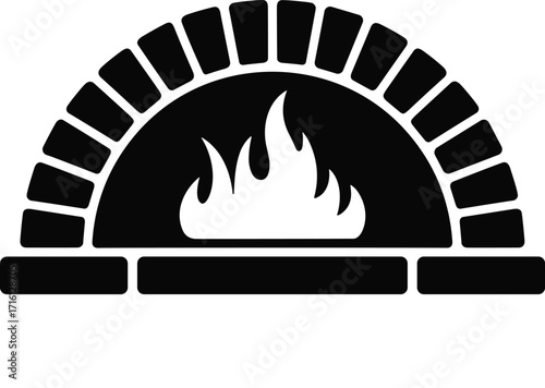 Black and White Vector Graphic of a Brick Oven with Flames Inside image