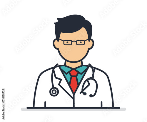 A stylized illustration of a male doctor wearing a white coat, glasses, and a red tie.