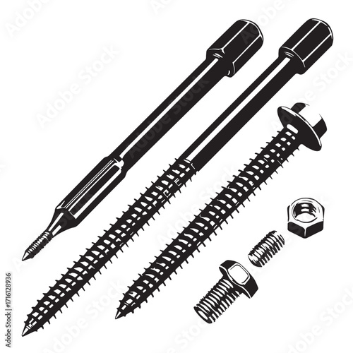 Black anchor bolts and installation tool Silhouette Vector, High Quality Illustration on White Background