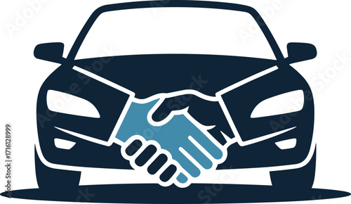 Dark blue car with light blue handshake graphic on the hood isolated on white automobile