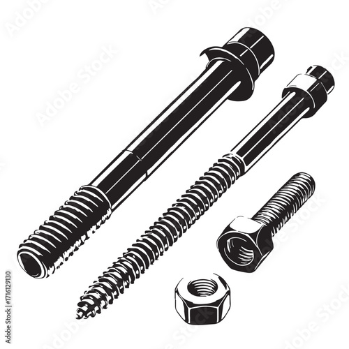 Black anchor bolts and installation tool Silhouette Vector, High Quality Illustration on White Background