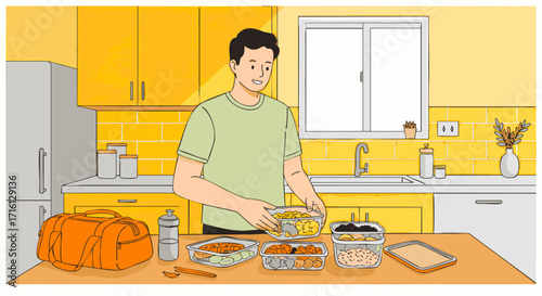 Preparing Lunch A Man Packing Food Containers in a Yellow Kitchen