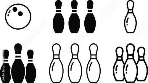 Bowling ball and pin icons in black and white simple vector graphic sport game