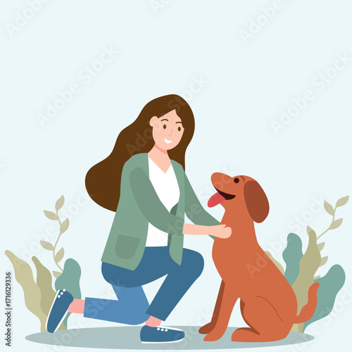 Young woman with cute dog. Happy Pet and owner spending time together. vector illustration