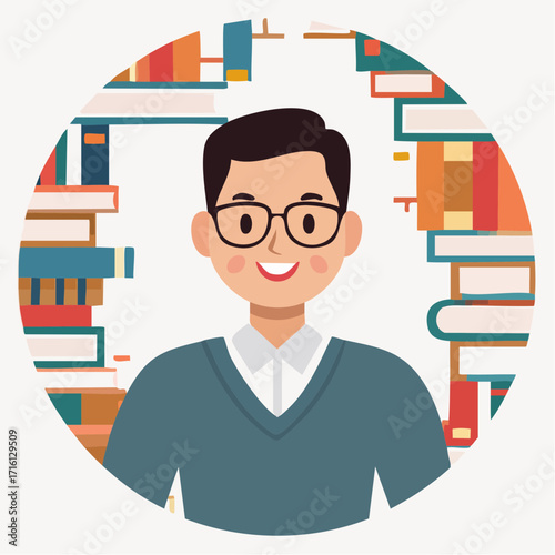 Illustration of a smiling man with glasses surrounded by books in a circle.