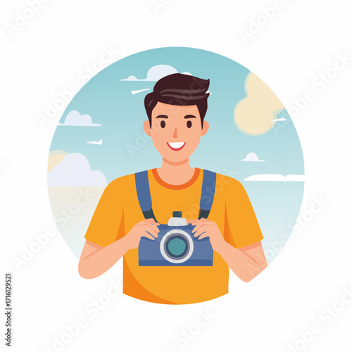 Enthusiastic photographer with camera against a scenic backdrop, capturing moments with a smile.