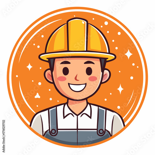 Cartoon illustration of a smiling construction worker wearing a hard hat.