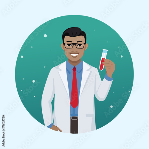 Illustration of a scientist holding a test tube with red liquid.