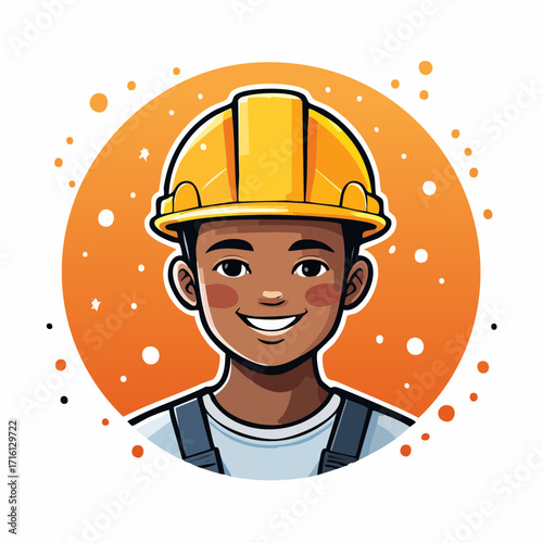 Cartoon illustration of a smiling construction worker with a yellow hard hat.