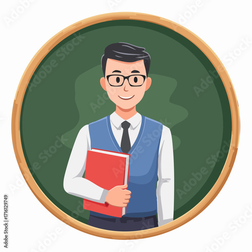 Illustration of a teacher holding a red book in front of a chalkboard.