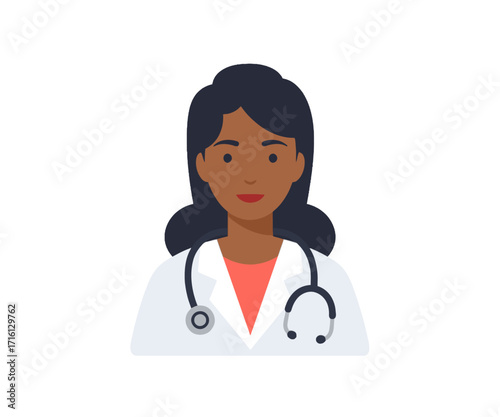 Portrait of a female doctor wearing a white coat and stethoscope, with dark hair and a pleasant expression.