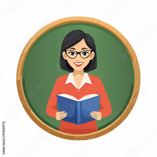 Illustration of a teacher holding a book in front of a chalkboard.