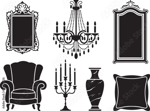 Elegant vintage decor set armchair chandelier mirrors vase