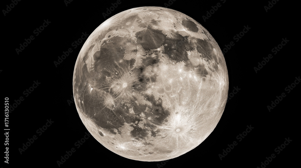 Obraz premium Detailed Full Moon Close-Up with Crater Texture, Dark Space Background, High Contrast Lighting, f/8.0, Astronomical Imaging Aesthetic