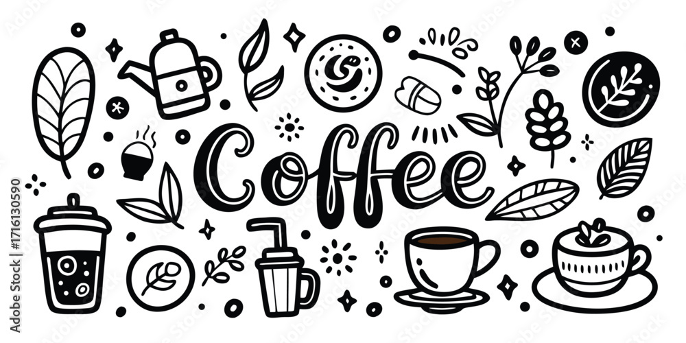 Fototapeta premium Artistic coffee and tea time elements hand drawn doodle style for beverages and cafes