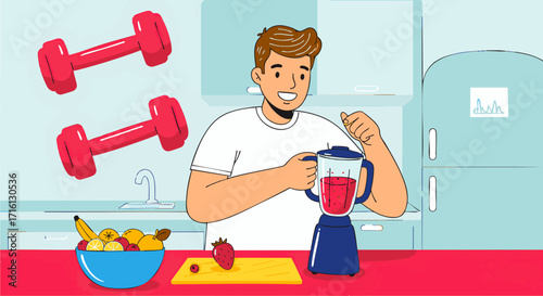 Young man making a healthy fruit smoothie in his kitchen, preparing a nutritious drink that fuels an active lifestyle, promoting wellness and fitness with fresh ingredients