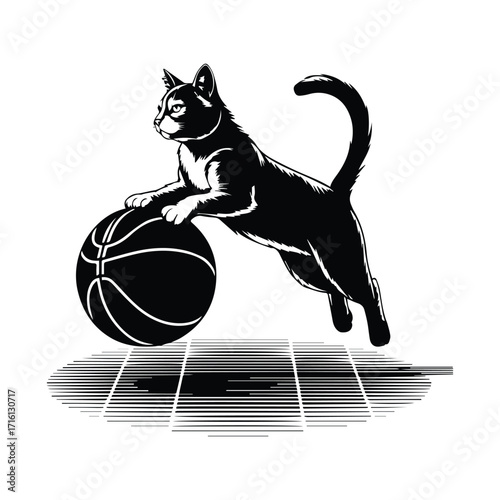 Playful black cat dribbling a basketball in silhouette