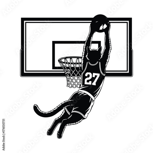 Athletic cat player soaring for a slam dunk basketball silhouette
