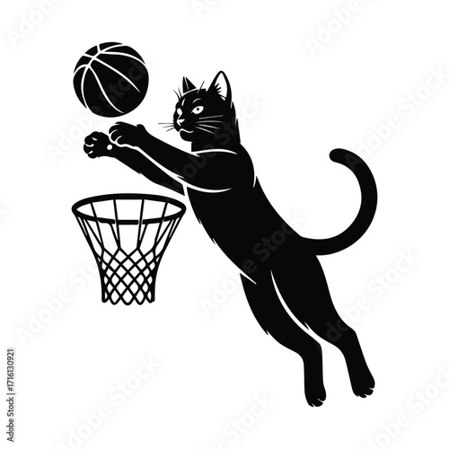 Black cat silhouette jumping to dunk a basketball into a hoop silhouette