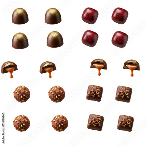 Realistic chocolate candies set with caramel, nuts and assorted pralines